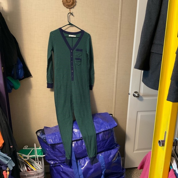 Striped Green and Blue Women's Pajama Onesie - Picture 1 of 8
